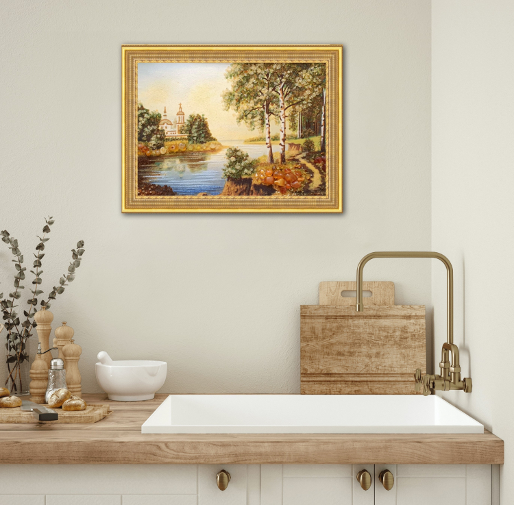 Пейзаж - Церковь у реки из янтаря