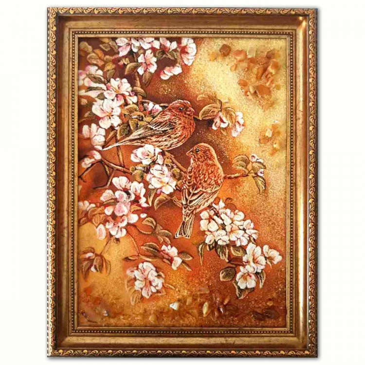 Картина Воробьи на цветущей ветке из янтаря