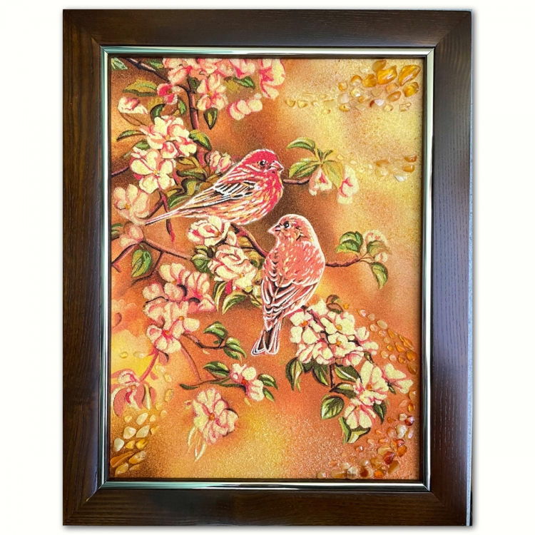 Картина Воробьи на цветущей ветке из янтаря