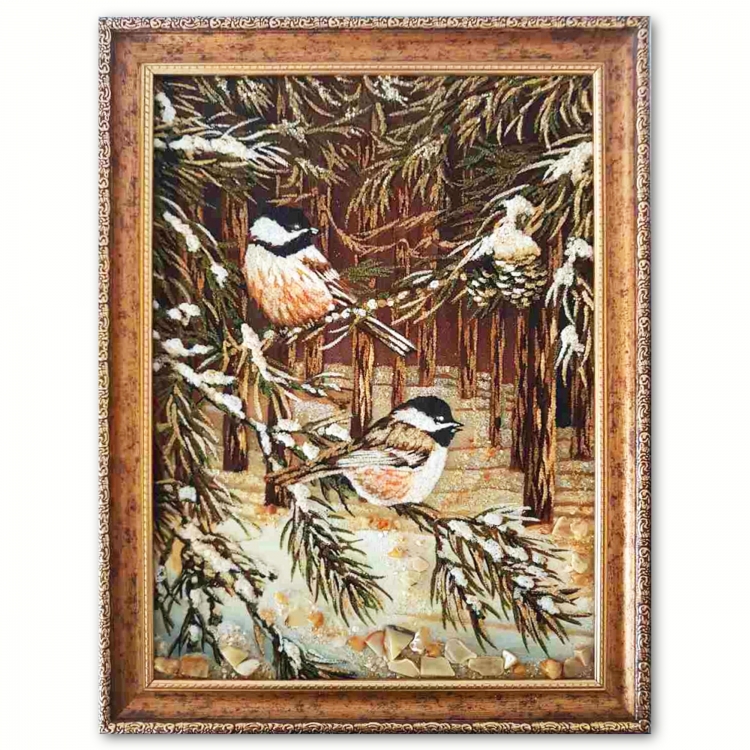 Картина Синички в лесу из янтаря