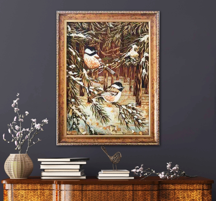 Картина Синички в лесу из янтаря