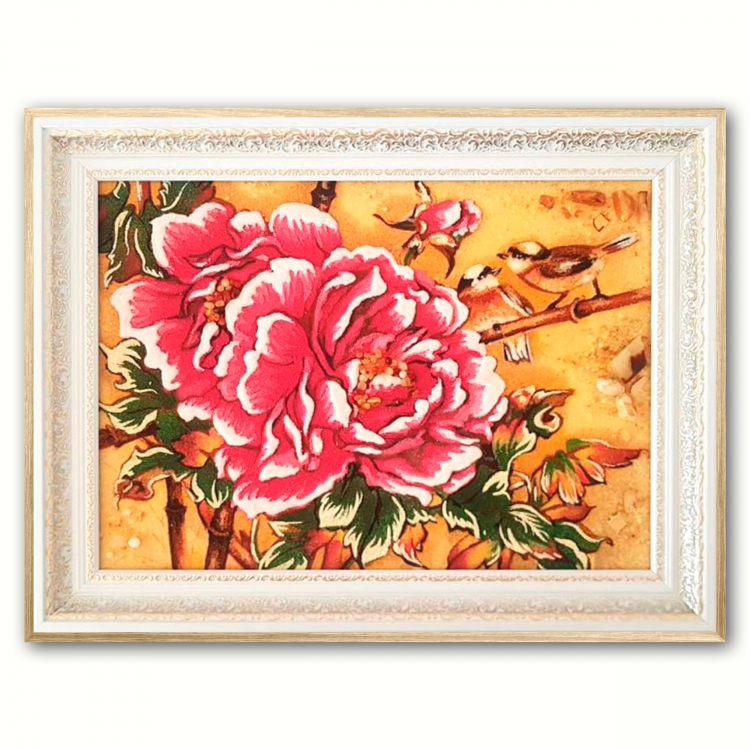 Картина Пионы и птички из янтаря