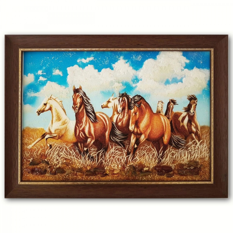 Картина Лошади в степи из янтаря