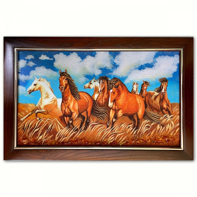 Картина Лошади в степи из янтаря