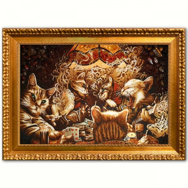 Картина Коты играют в покер из янтаря