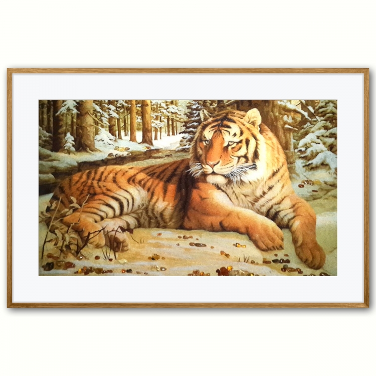 Картина Тигр на снегу из янтаря