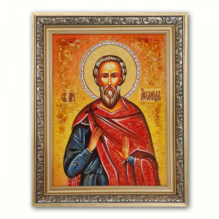 Ікона Святий мученик Леонід з бурштину