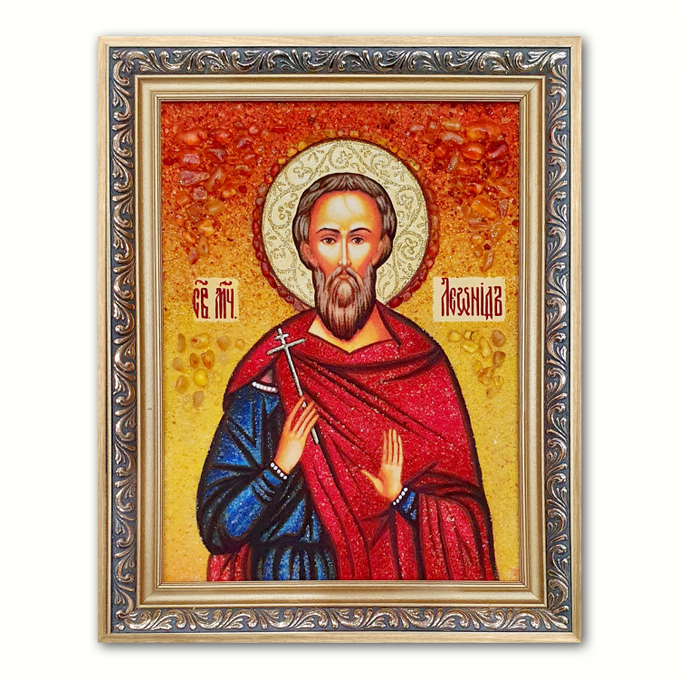 Ікона Святий мученик Леонід з бурштину
