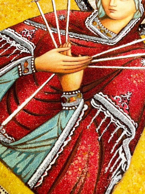 Ікона Семистрільна (Пом'якшення злих сердець) з бурштину