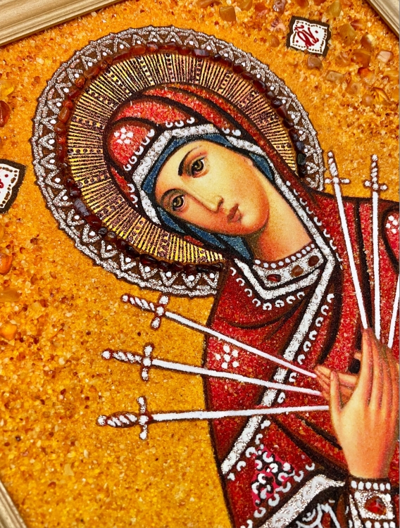 Ікона Семистрільна (Пом'якшення злих сердець) з бурштину