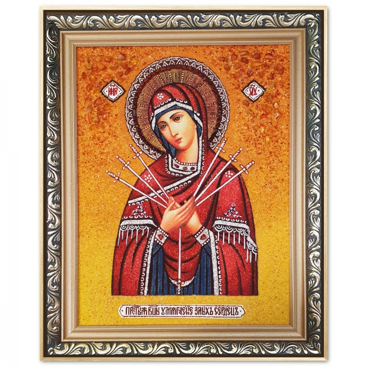 Ікона Семистрільна (Пом'якшення злих сердець) з бурштину