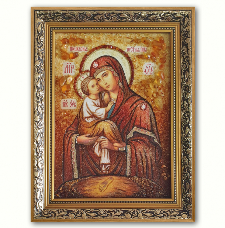Ікона Почаївська Пресвята Богородиця з бурштину