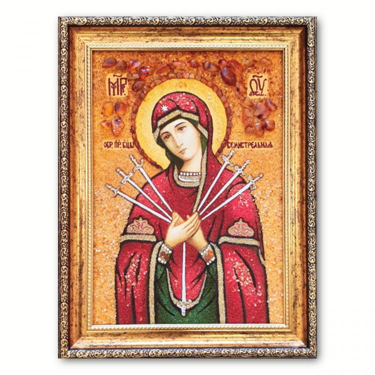 Ікона Семистрільна матір Божа з бурштину