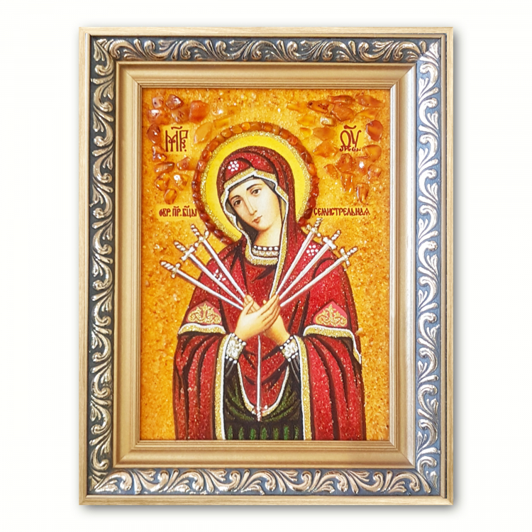 Ікона Семистрільна матір Божа з бурштину
