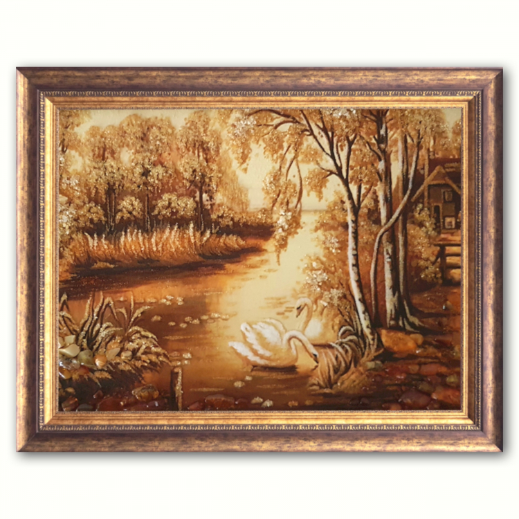 Пейзаж - Пара лебедів на ставку з бурштину