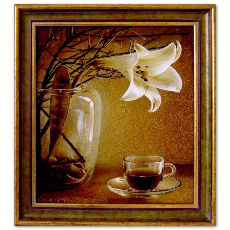 Картина Недопита кава та лілія з бурштину