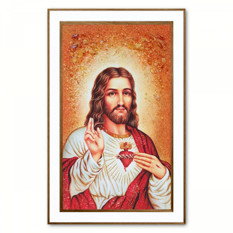 Ікона Святе серце Ісуса з бурштину