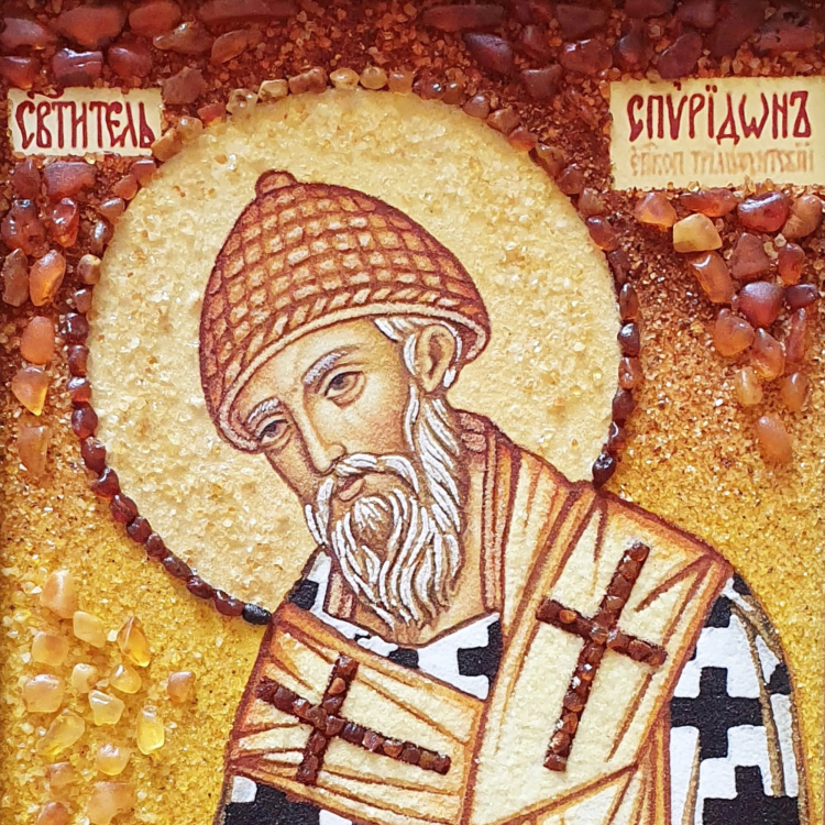 Ікона Преподобний Спиридон Чудотворець Триміфунтський з бурштину