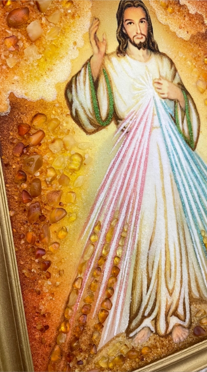 Католицька ікона Милосердя Боже з бурштину