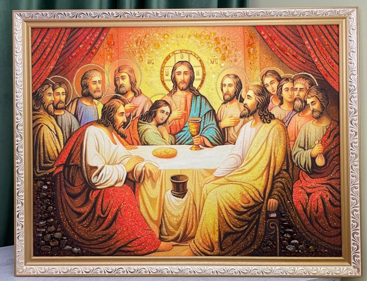 Православна ікона - Таємна Вечеря (червоні штори) з бурштину