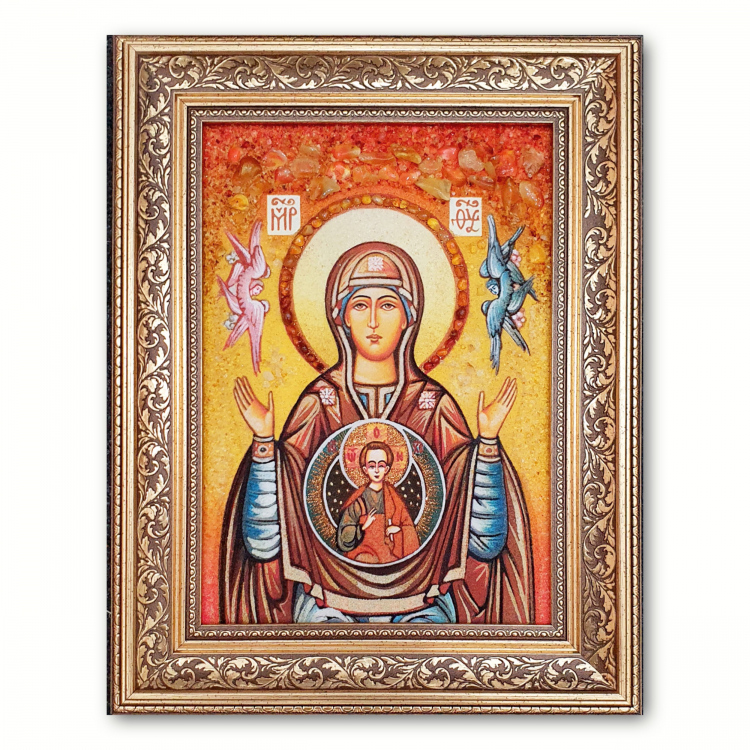 Ікона Пресвята Богородиця Знамення з бурштину