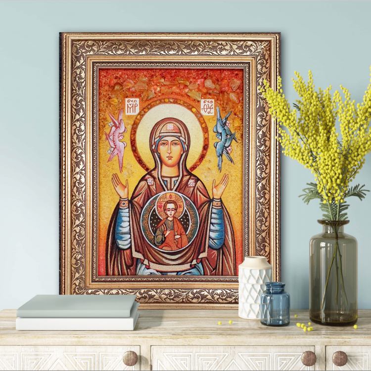 Ікона Пресвята Богородиця Знамення з бурштину