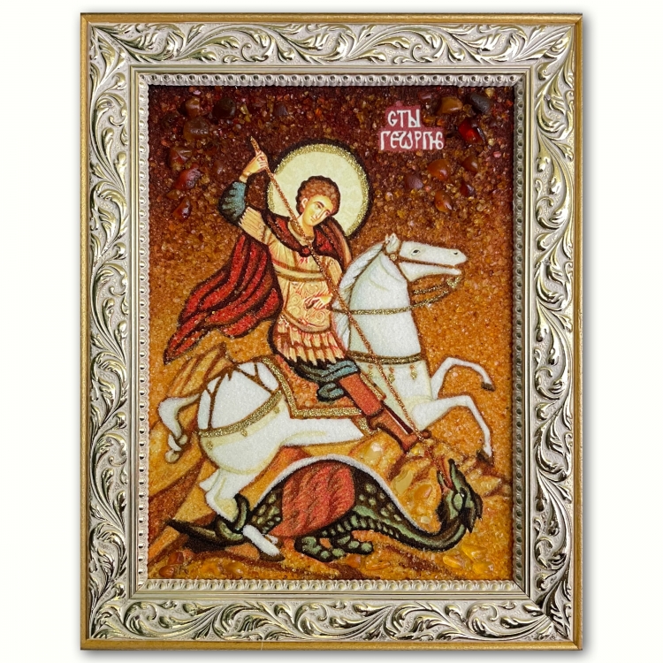 Ікона Святий Георгій на коні з бурштину