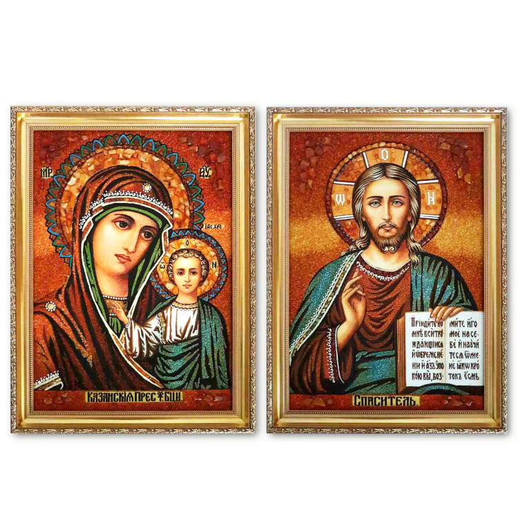 Ікони - Вінчальна пара Спаситель та Казанська Богородиця з бурштину