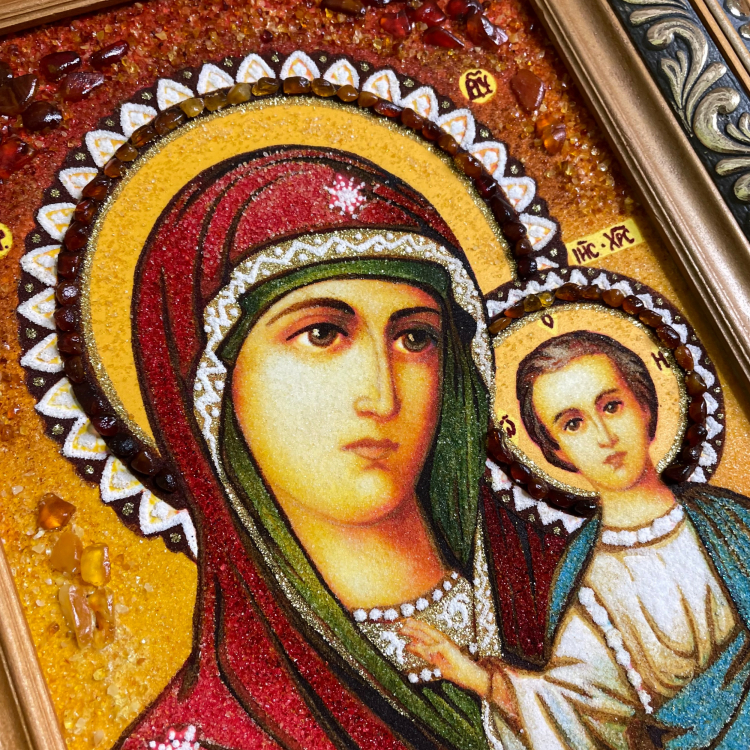 Пара Христос і Богородиця Казанська з бурштину