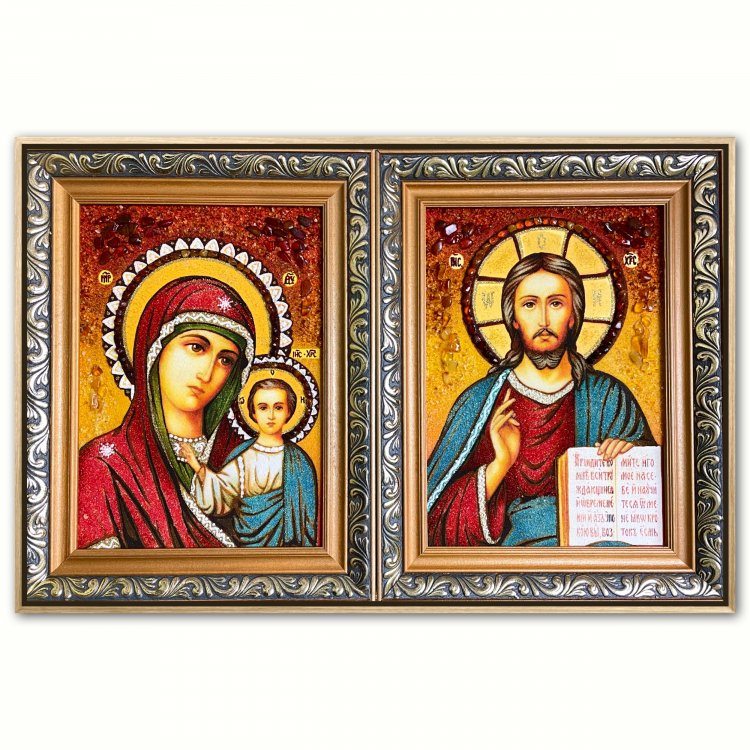 Пара Христос і Богородиця Казанська з бурштину