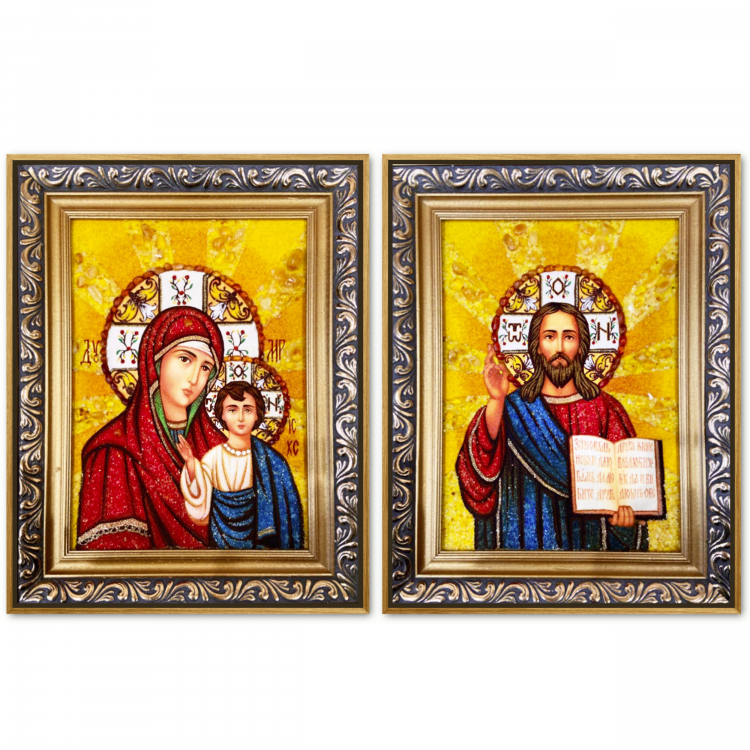 Спаситель і Богородиця Казанська з бурштину