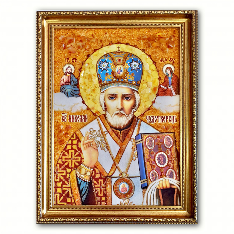Ікона Святий Миколай Чудотворець з бурштину