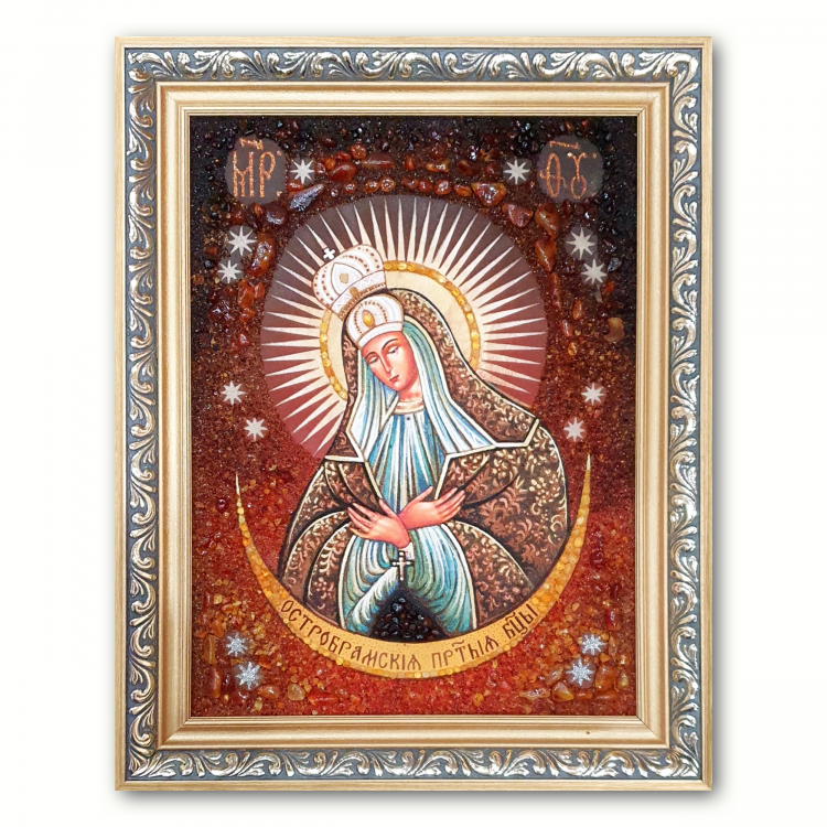 Ікона Остробрамська Богородиця з бурштину