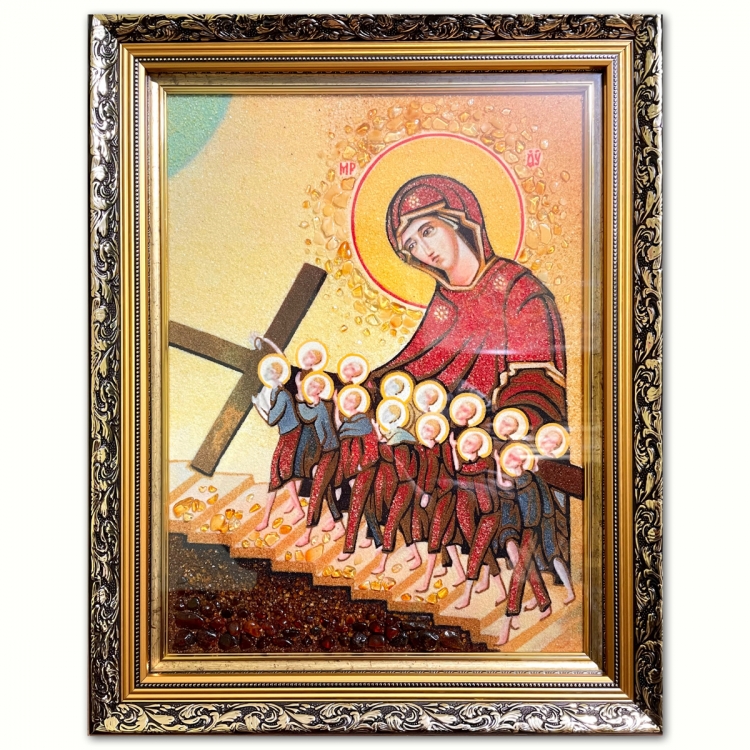 Ікона Богородиця помагає нести життєвий хрест з бурштину