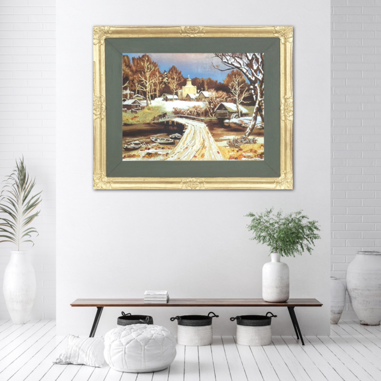 Сільська церква - зимовий пейзаж з бурштину