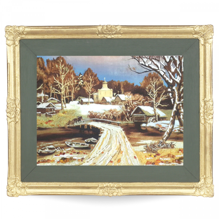 Сільська церква - зимовий пейзаж з бурштину