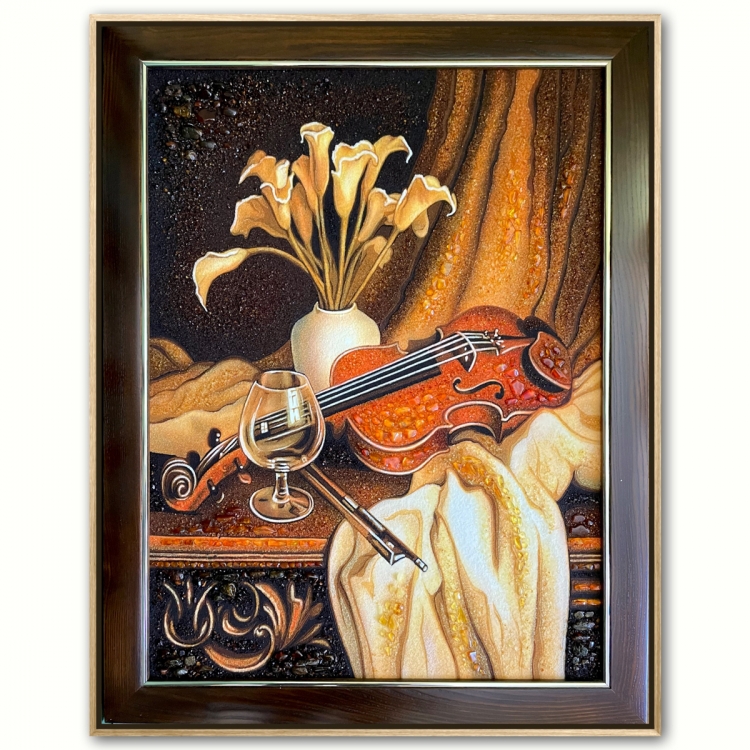 Картина Скрипка та букет білих калл з бурштину