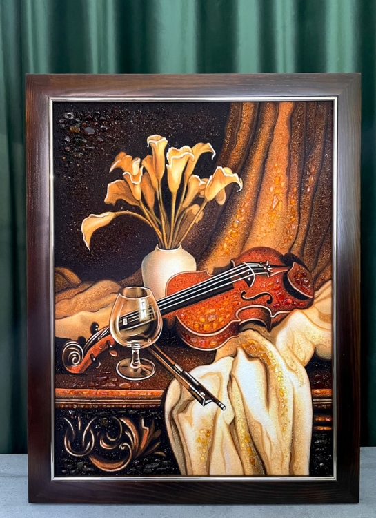 Картина Скрипка та букет білих калл з бурштину