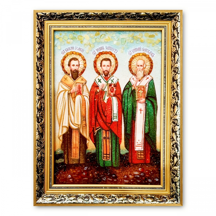 Ікона Василь Великий, Григорій Богослов та Іоанн Златоуст з бурштину