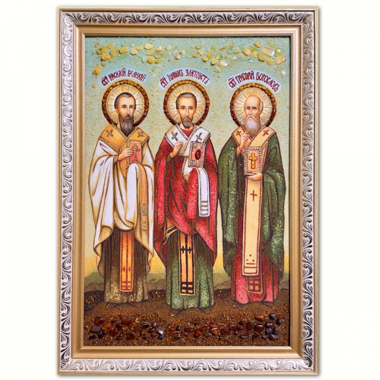 Ікона Василь Великий, Григорій Богослов та Іоанн Златоуст з бурштину