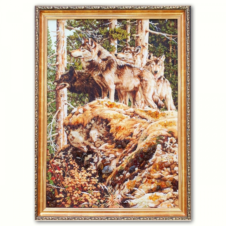 Картина Пара вовків на скелі з бурштину