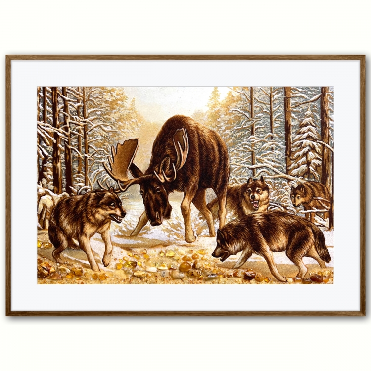 Картина Лось і зграя вовків з бурштину