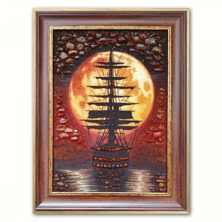 Пейзаж - Вітрильник на тлі місяця з бурштину