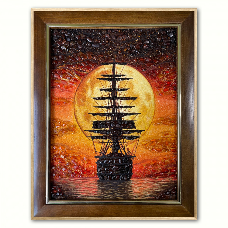 Пейзаж - Вітрильник на тлі місяця з бурштину