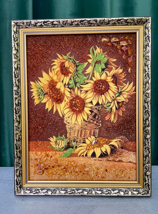 Картина Соняшники в плетеній вазі з бурштину