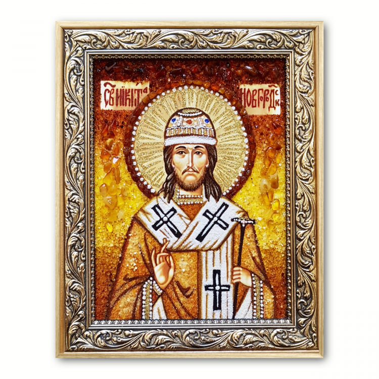 Ікона Святий Микита Новгородський з бурштину
