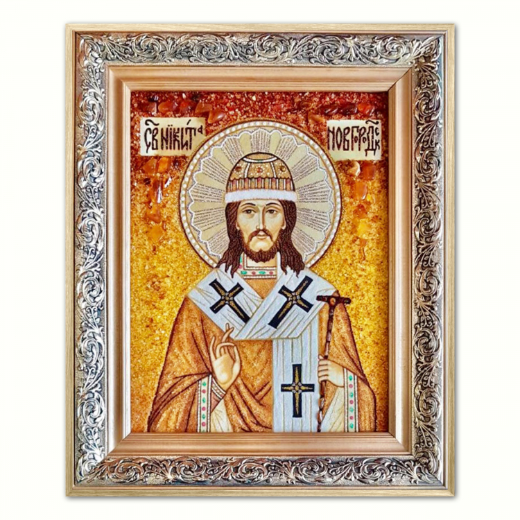 Ікона Святий Микита Новгородський з бурштину