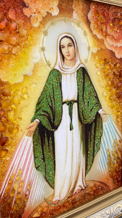 Ікона "Богородиця  Роздаюча ласки" з бурштину