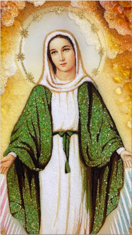 Ікона "Богородиця  Роздаюча ласки" з бурштину