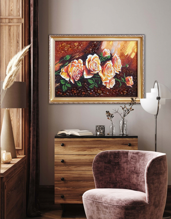 Картина Чайні рози з бурштину